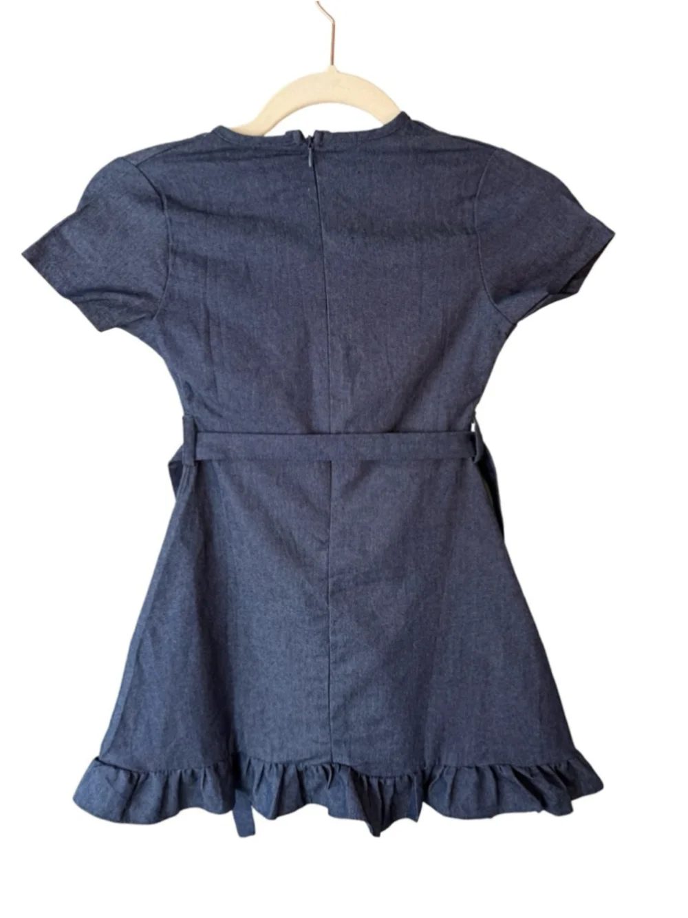 Beauty Fashion Kids Denim Look Wrap Dress Size L Fits Smaller Ruffle Hem - Picture 3 of 11